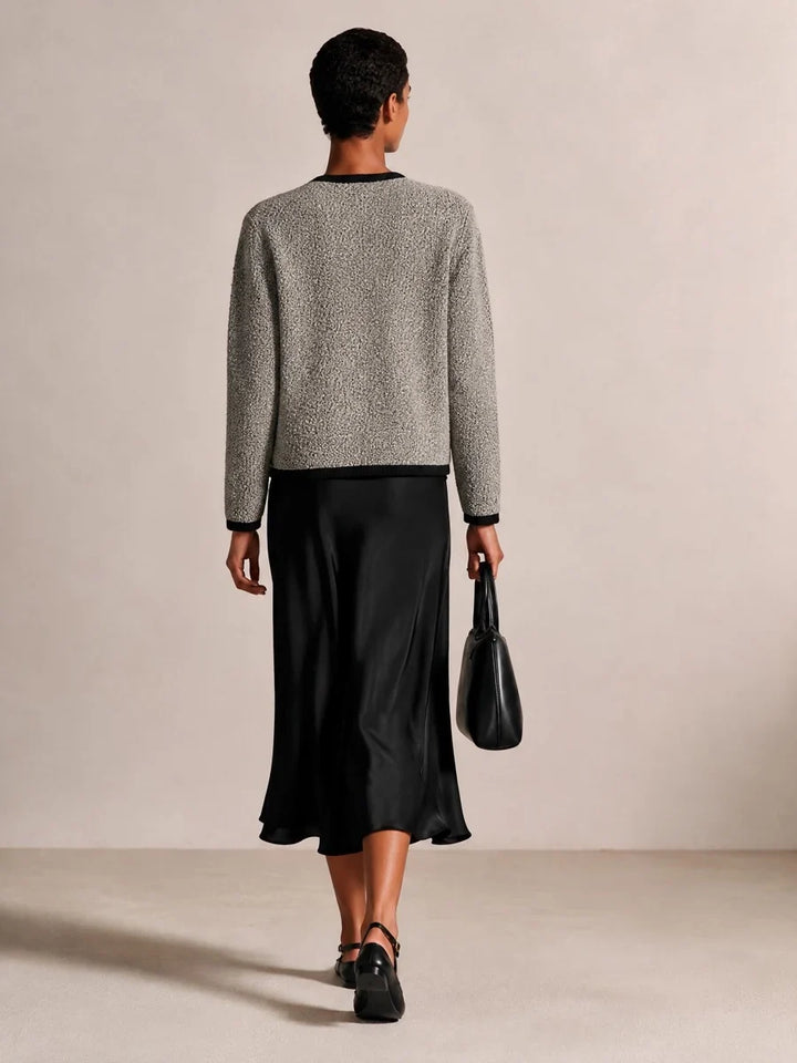 Two Piece Set for Women – Textured Knit Cardigan and Satin Midi Skirt, Elegant Matching Fall Outfit in Gray