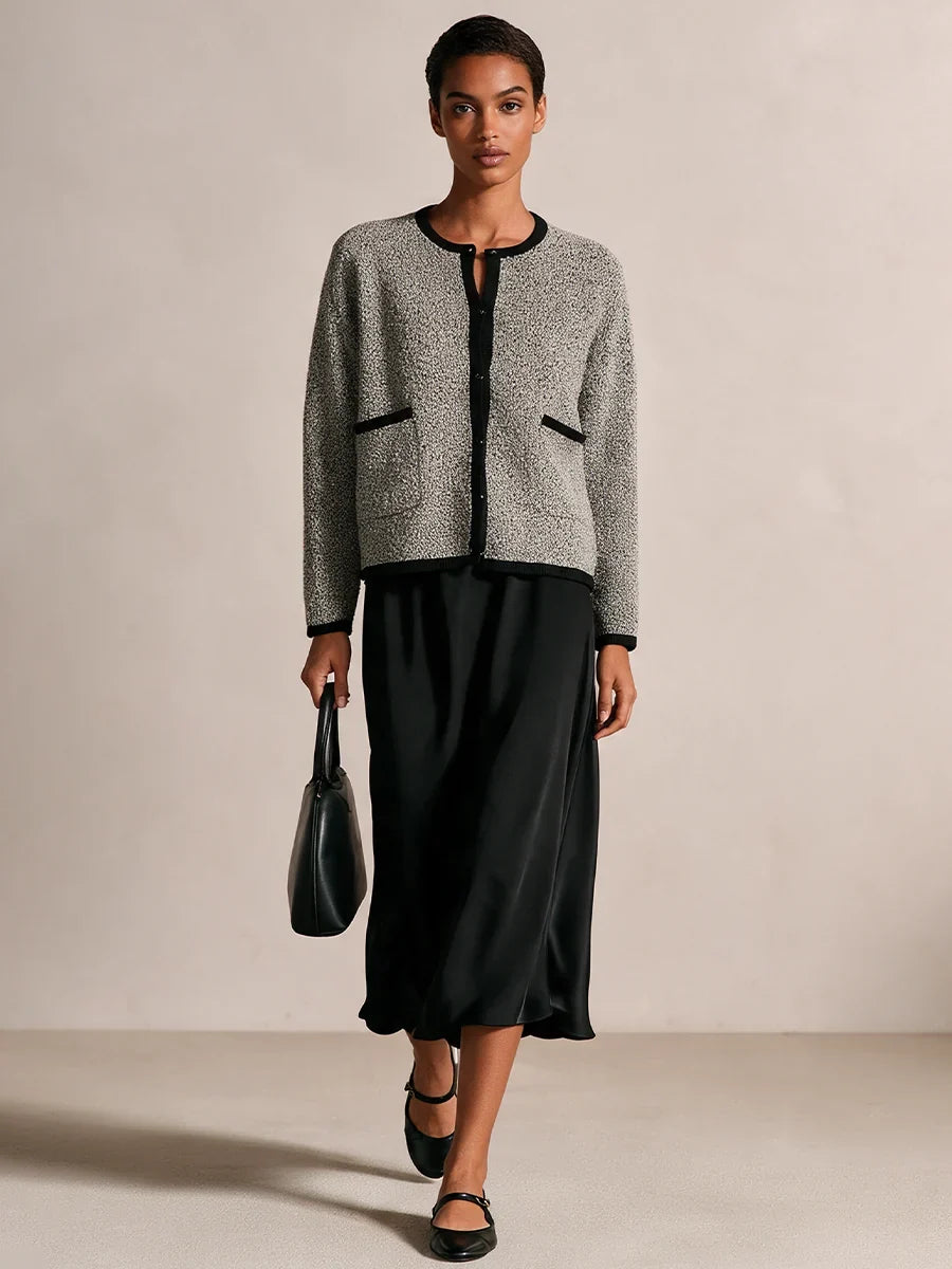 Two Piece Set for Women – Textured Knit Cardigan and Satin Midi Skirt, Elegant Matching Fall Outfit in Gray