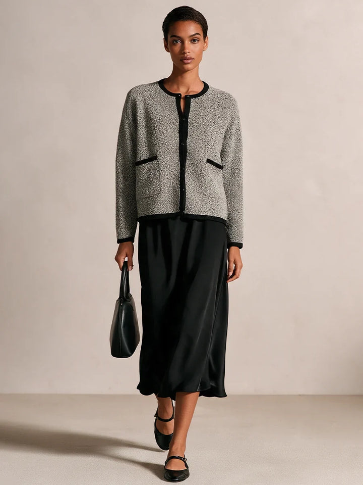 Two Piece Set for Women – Textured Knit Cardigan and Satin Midi Skirt, Elegant Matching Fall Outfit in Gray