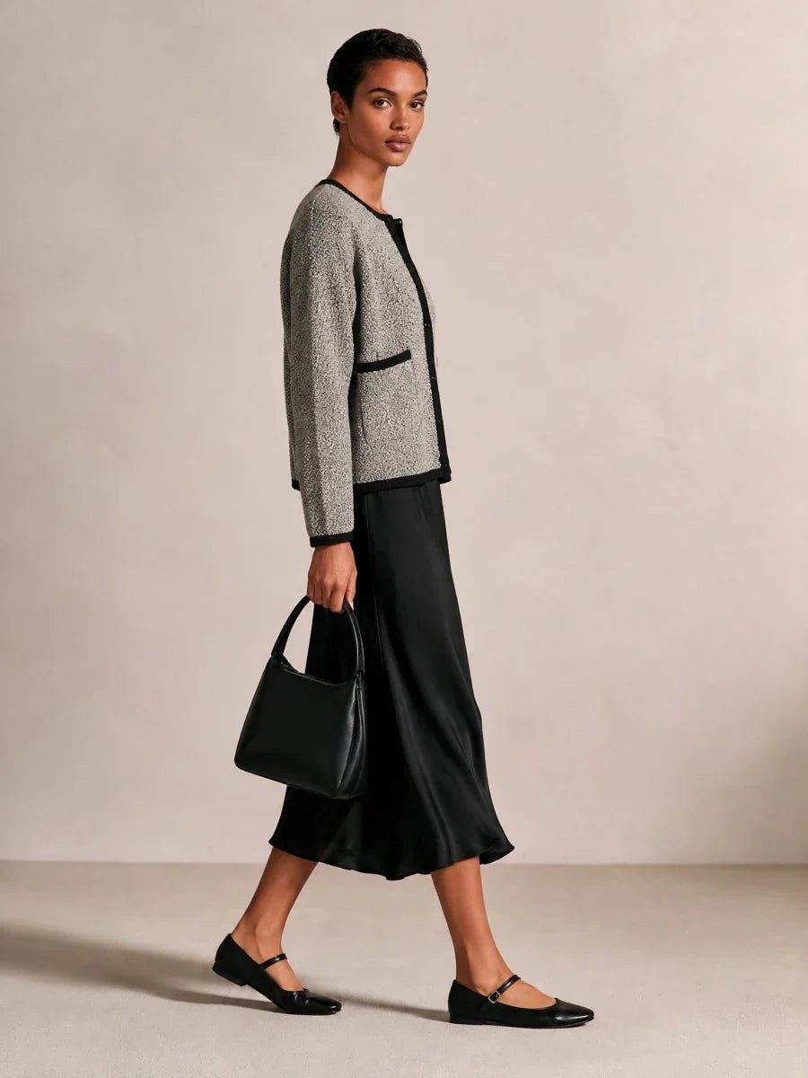 Two Piece Set for Women – Textured Knit Cardigan and Satin Midi Skirt, Elegant Matching Fall Outfit in Gray