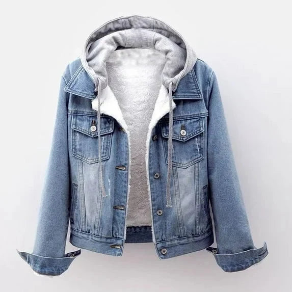 Sherpa Lined Denim Jacket for Women – Hooded Jean Jacket with Removable Hood, Button Front Fall Jacket