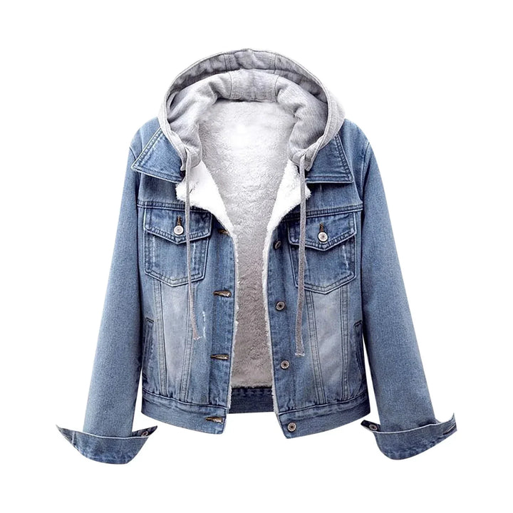 Sherpa Lined Denim Jacket for Women – Hooded Jean Jacket with Removable Hood, Button Front Fall Jacket