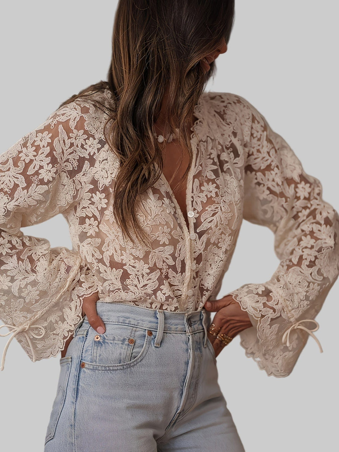 Elegant Floral Embroidered V-Neck Blouse