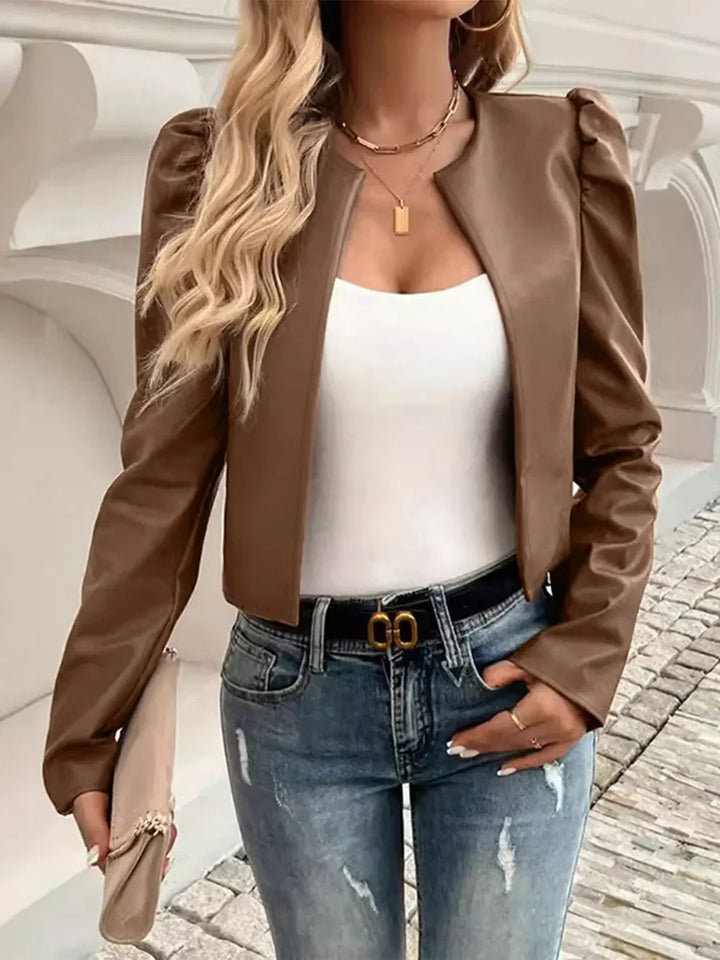 Cropped Faux Leather Jacket for Women – Open Front Puff Sleeve Jacket, Fall Leather Look Jacket in Caramel, Black, Burgundy