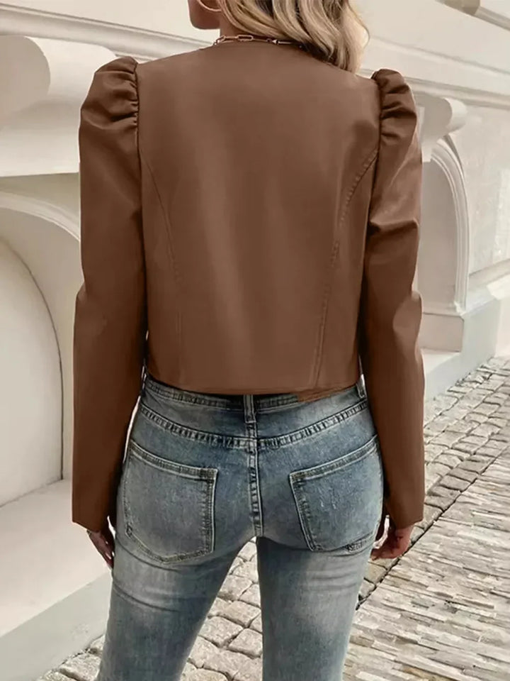 Cropped Faux Leather Jacket for Women – Open Front Puff Sleeve Jacket, Fall Leather Look Jacket in Caramel, Black, Burgundy