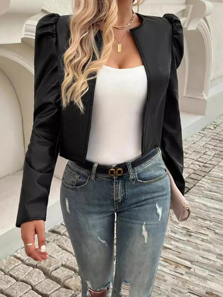 Cropped Faux Leather Jacket for Women – Open Front Puff Sleeve Jacket, Fall Leather Look Jacket in Caramel, Black, Burgundy