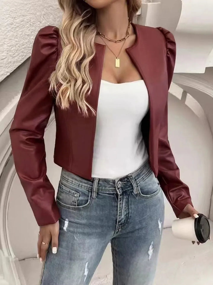 Cropped Faux Leather Jacket for Women – Open Front Puff Sleeve Jacket, Fall Leather Look Jacket in Caramel, Black, Burgundy