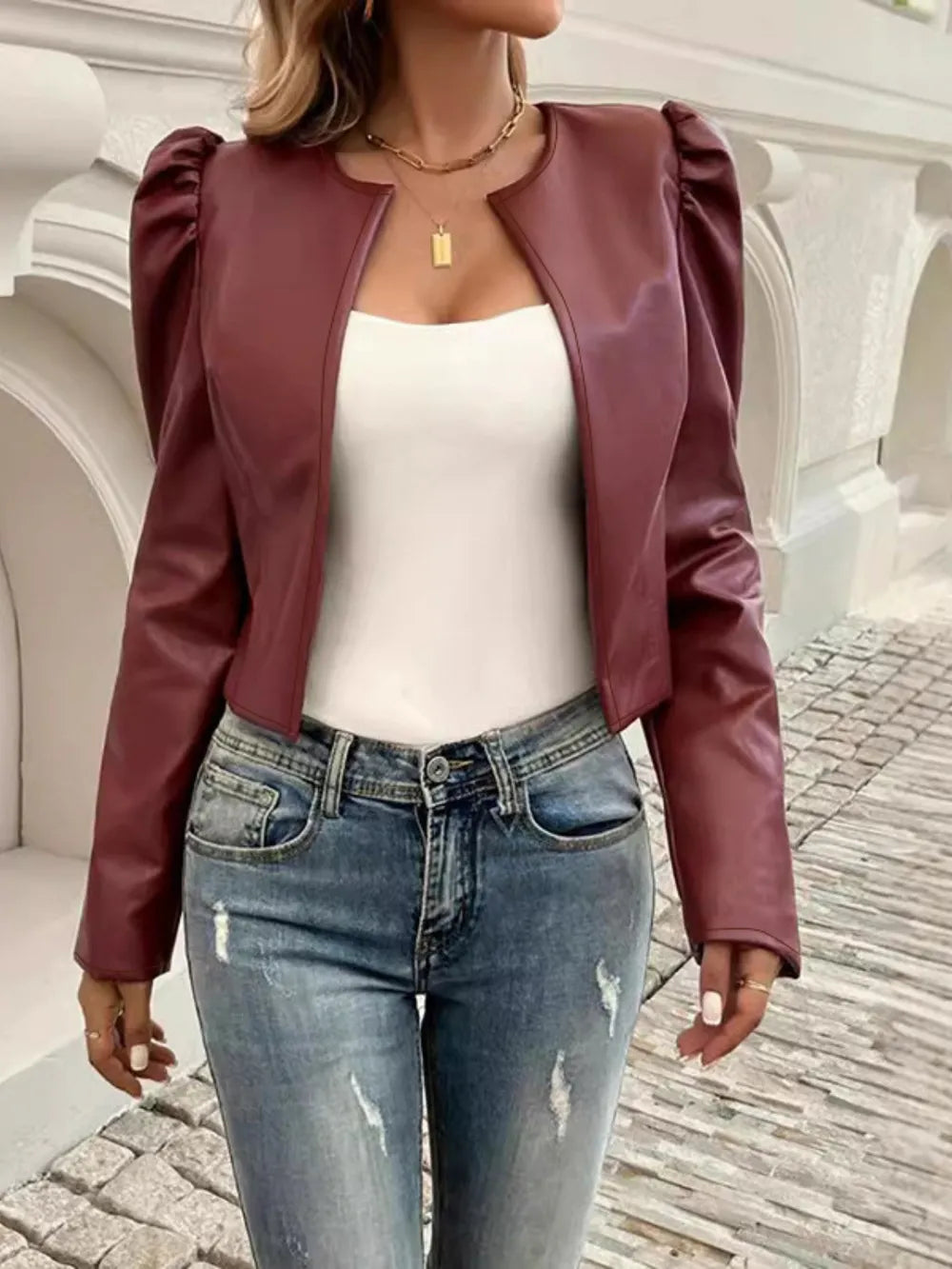 Cropped Faux Leather Jacket for Women – Open Front Puff Sleeve Jacket, Fall Leather Look Jacket in Caramel, Black, Burgundy
