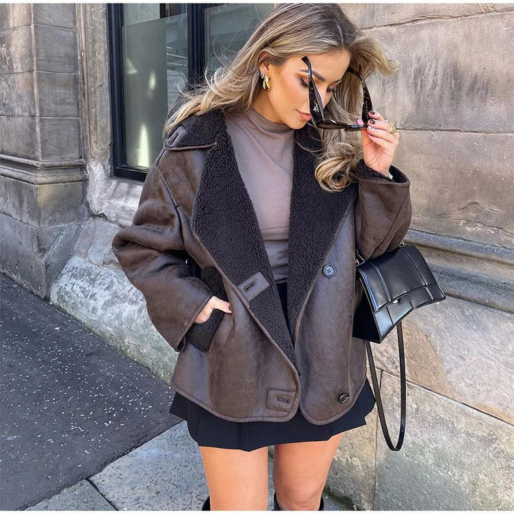 Faux Leather Coat for Women – Faux Shearling Lined Double Breasted Winter Coat in Brown, Warm Aviator Style Outerwear