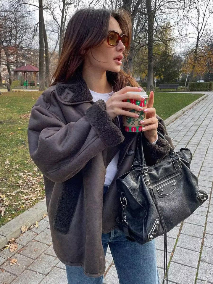 Faux Leather Coat for Women – Faux Shearling Lined Double Breasted Winter Coat in Brown, Warm Aviator Style Outerwear