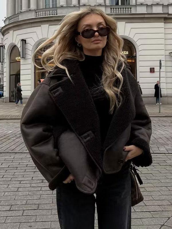 Faux Leather Coat for Women – Faux Shearling Lined Double Breasted Winter Coat in Brown, Warm Aviator Style Outerwear