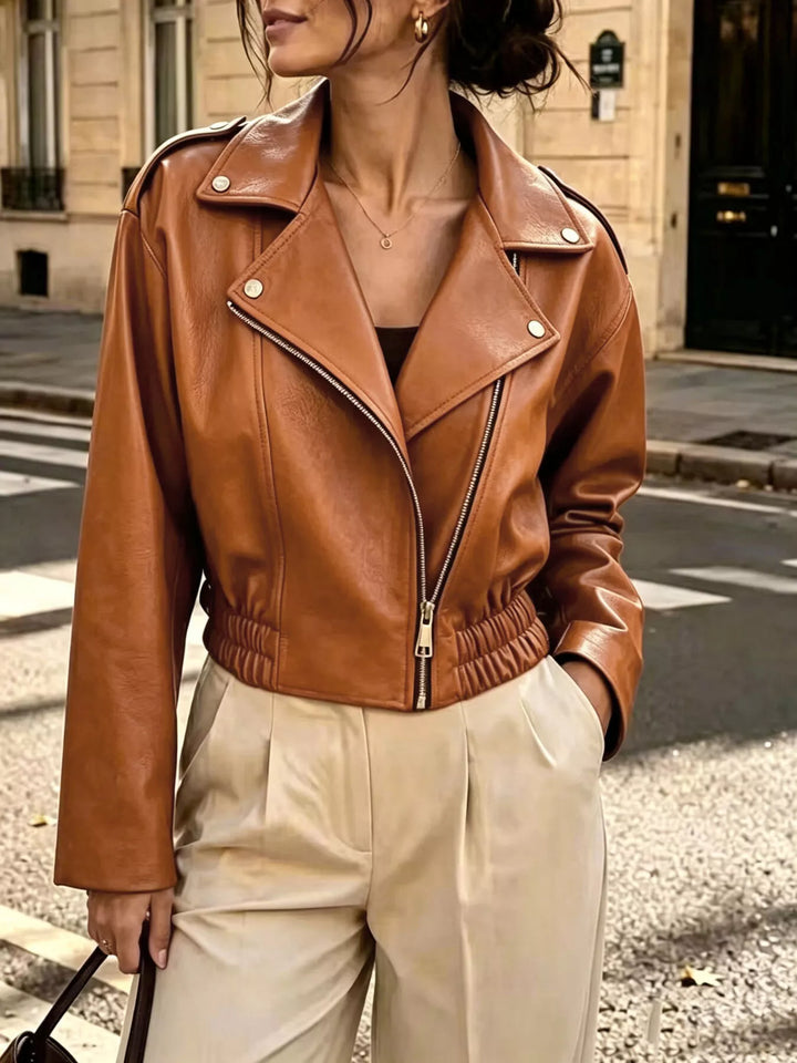 Cropped Faux Leather Moto Jacket for Women – Asymmetrical Zip Jacket with Lapel Collar and Smocked Waist