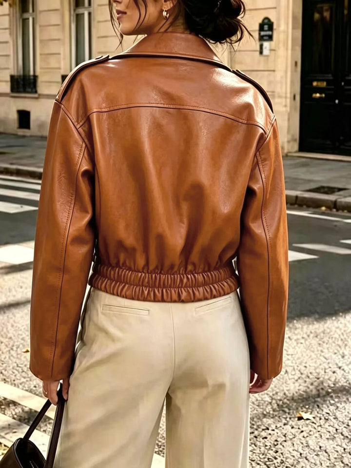 Cropped Faux Leather Moto Jacket for Women – Asymmetrical Zip Jacket with Lapel Collar and Smocked Waist