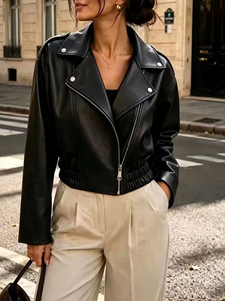 Cropped Faux Leather Moto Jacket for Women – Asymmetrical Zip Jacket with Lapel Collar and Smocked Waist
