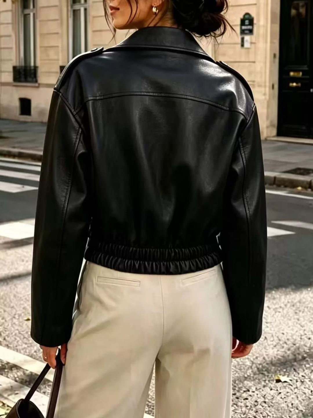 Cropped Faux Leather Moto Jacket for Women – Asymmetrical Zip Jacket with Lapel Collar and Smocked Waist