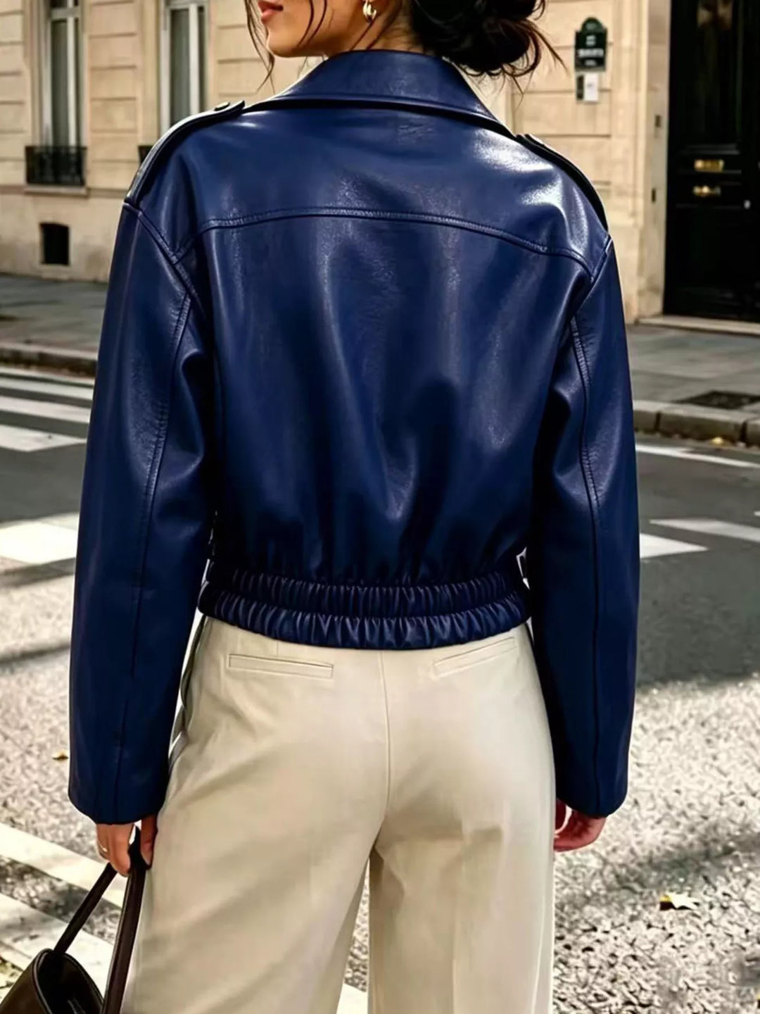 Cropped Faux Leather Moto Jacket for Women – Asymmetrical Zip Jacket with Lapel Collar and Smocked Waist