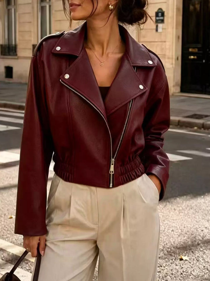 Cropped Faux Leather Moto Jacket for Women – Asymmetrical Zip Jacket with Lapel Collar and Smocked Waist