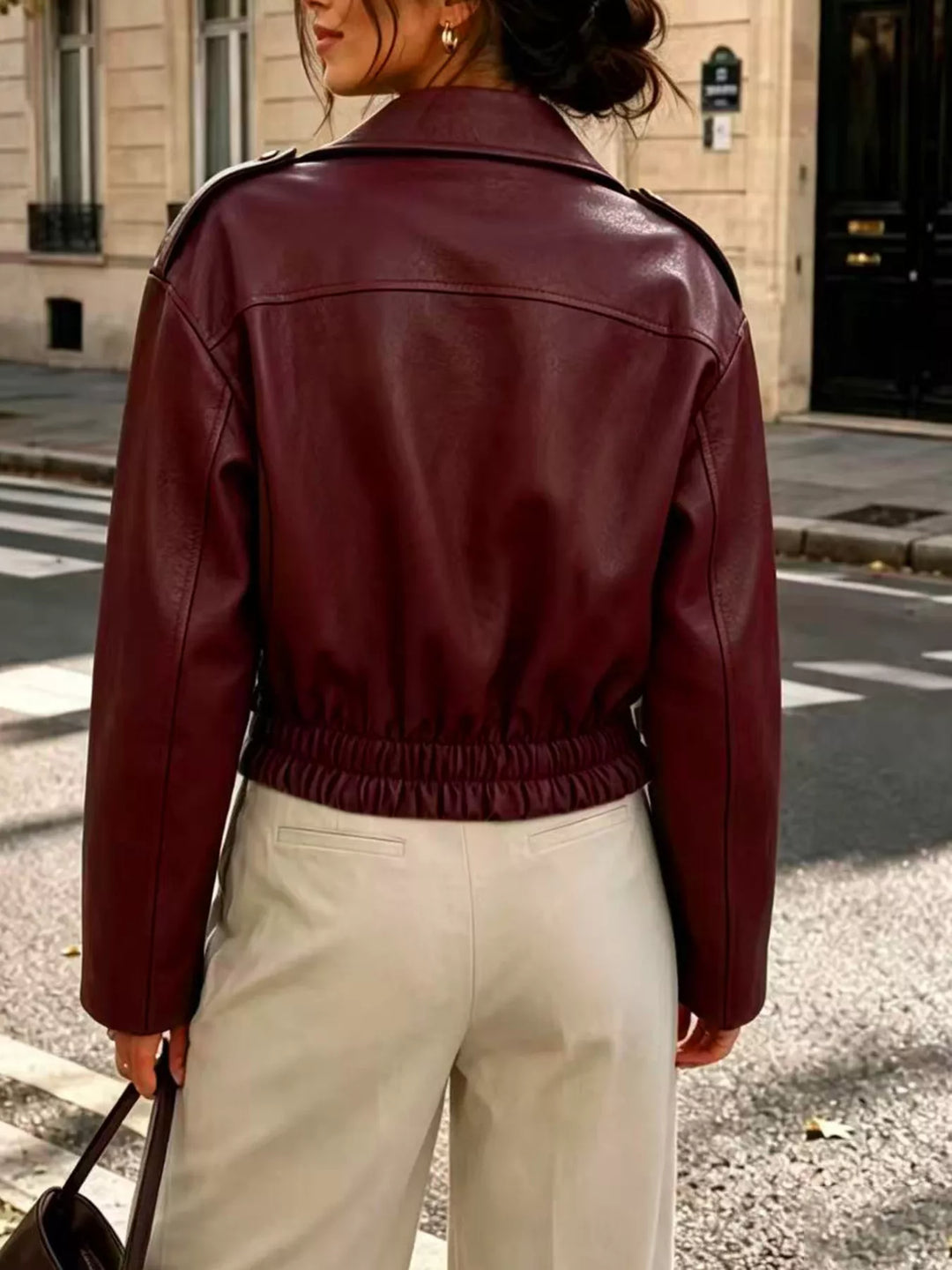 Cropped Faux Leather Moto Jacket for Women – Asymmetrical Zip Jacket with Lapel Collar and Smocked Waist