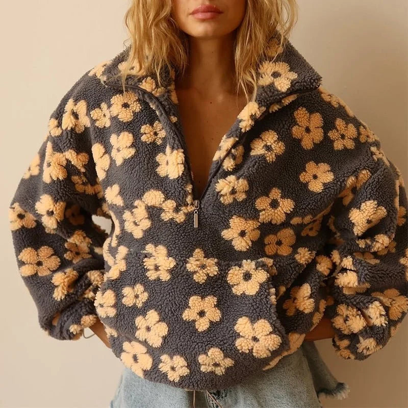 Teddy Fleece Sweater for Women – Oversized Half Zip Sherpa Pullover with Daisy Print, Cozy Winter Sweater
