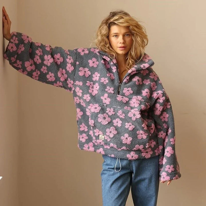 Teddy Fleece Sweater for Women – Oversized Half Zip Sherpa Pullover with Daisy Print, Cozy Winter Sweater