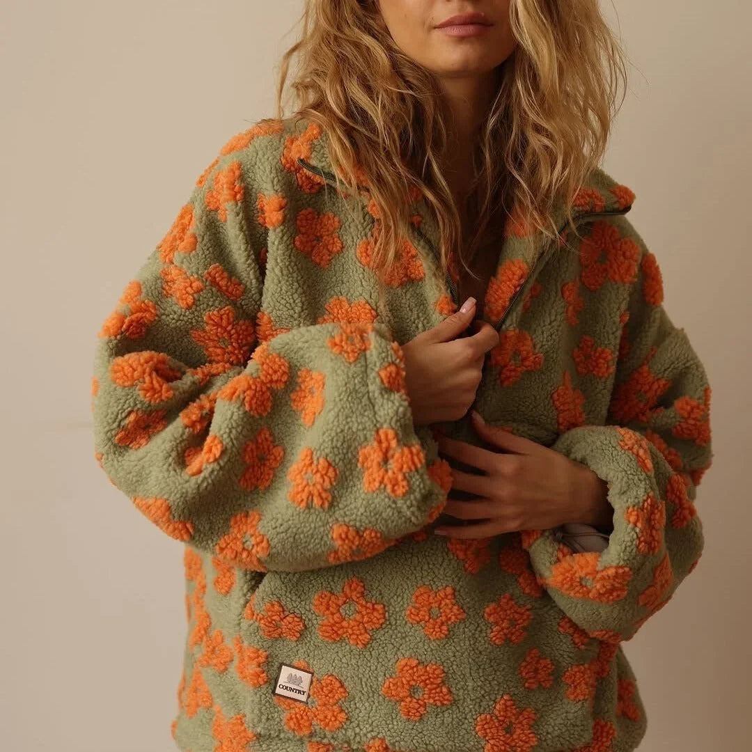 Teddy Fleece Sweater for Women – Oversized Half Zip Sherpa Pullover with Daisy Print, Cozy Winter Sweater