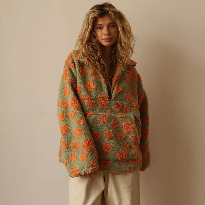 Teddy Fleece Sweater for Women – Oversized Half Zip Sherpa Pullover with Daisy Print, Cozy Winter Sweater