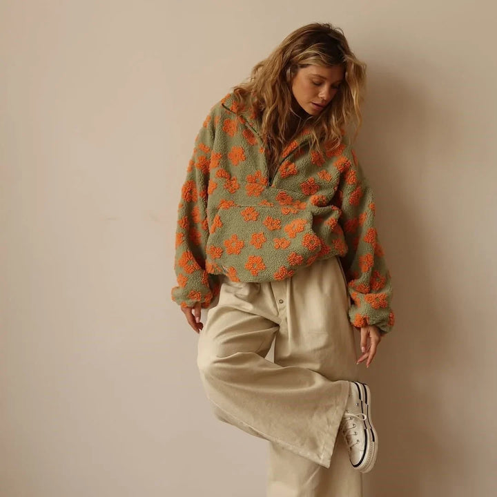 Teddy Fleece Sweater for Women – Oversized Half Zip Sherpa Pullover with Daisy Print, Cozy Winter Sweater