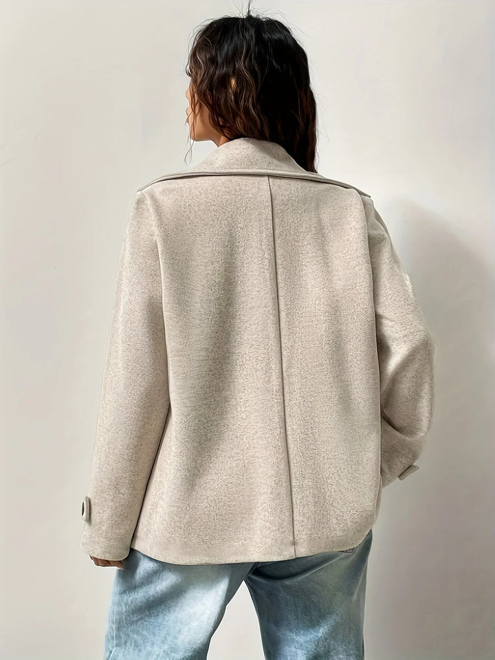 Wool Blend Pea Coat for Women – Double Breasted Winter Coat with Notched Collar, Classic Beige Long Sleeve Coat