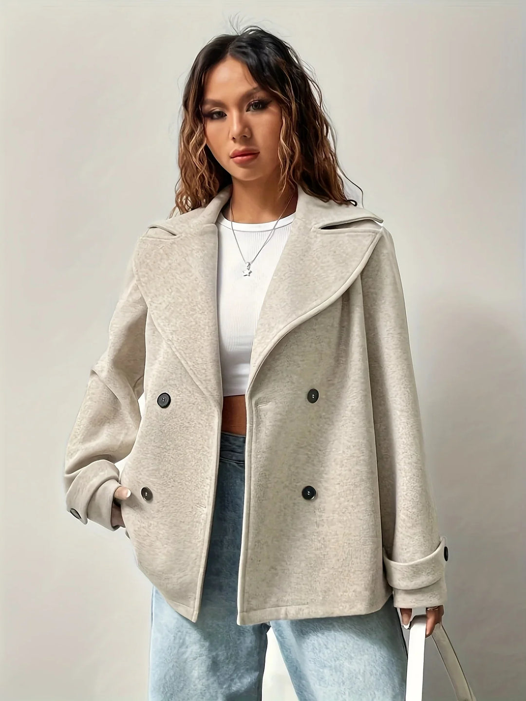 Wool Blend Pea Coat for Women – Double Breasted Winter Coat with Notched Collar, Classic Beige Long Sleeve Coat