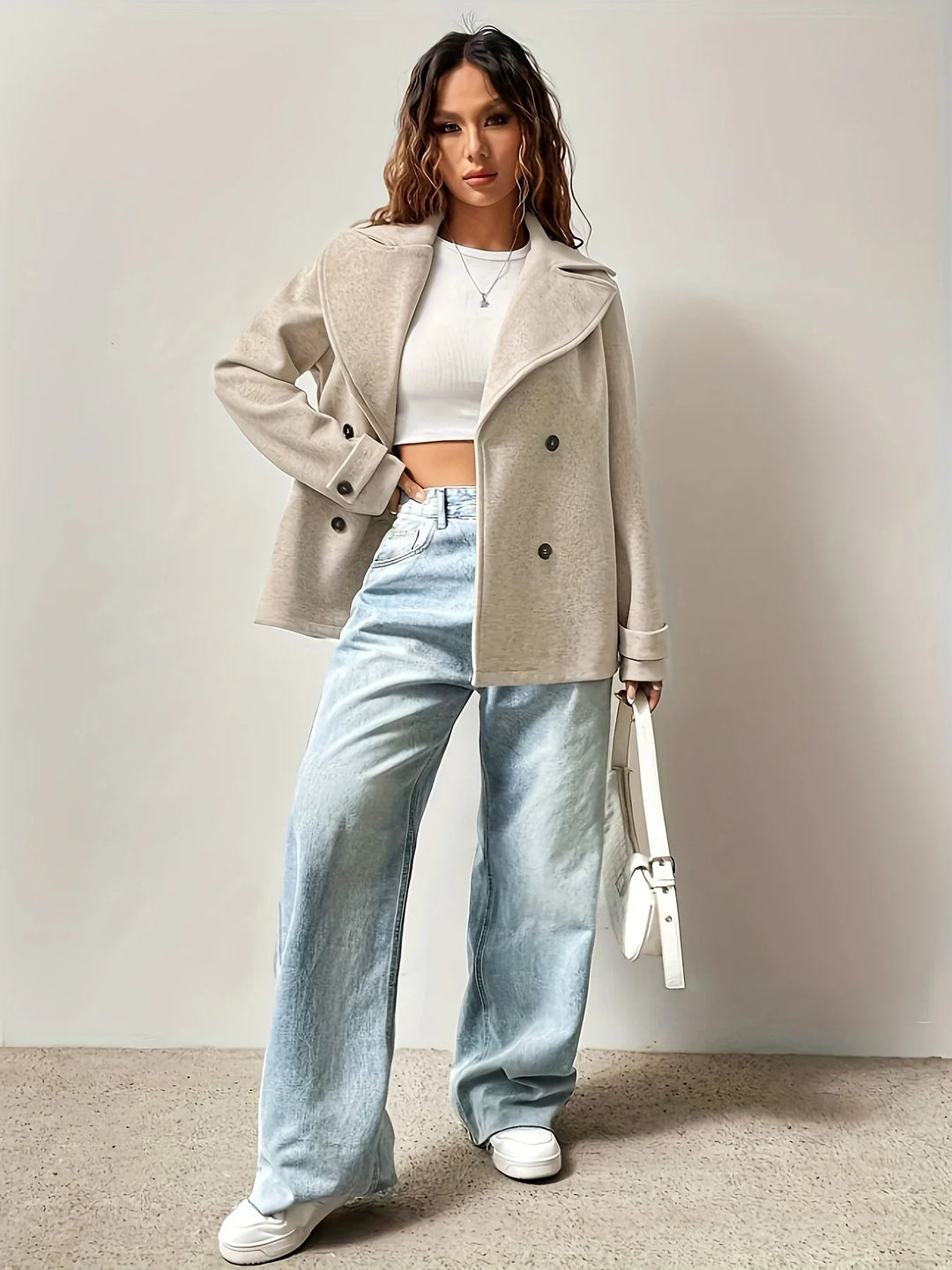 Wool Blend Pea Coat for Women – Double Breasted Winter Coat with Notched Collar, Classic Beige Long Sleeve Coat