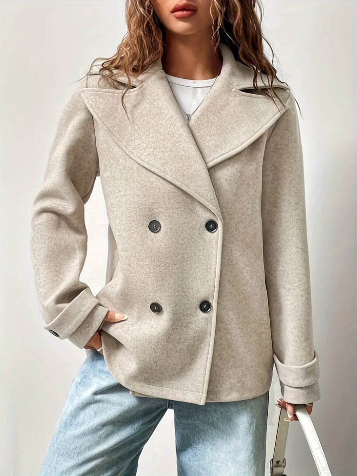 Wool Blend Pea Coat for Women – Double Breasted Winter Coat with Notched Collar, Classic Beige Long Sleeve Coat