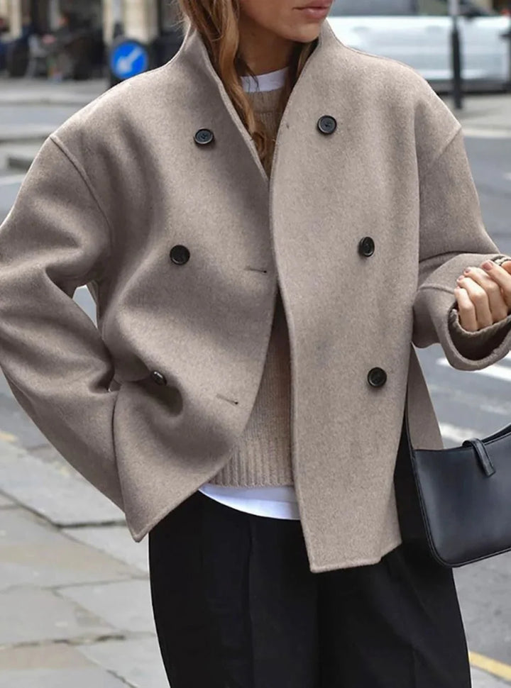 Double Breasted Pea Coat for Women – Stand Collar Loose Fit Winter Coat in Taupe, Gray, Black, Khaki