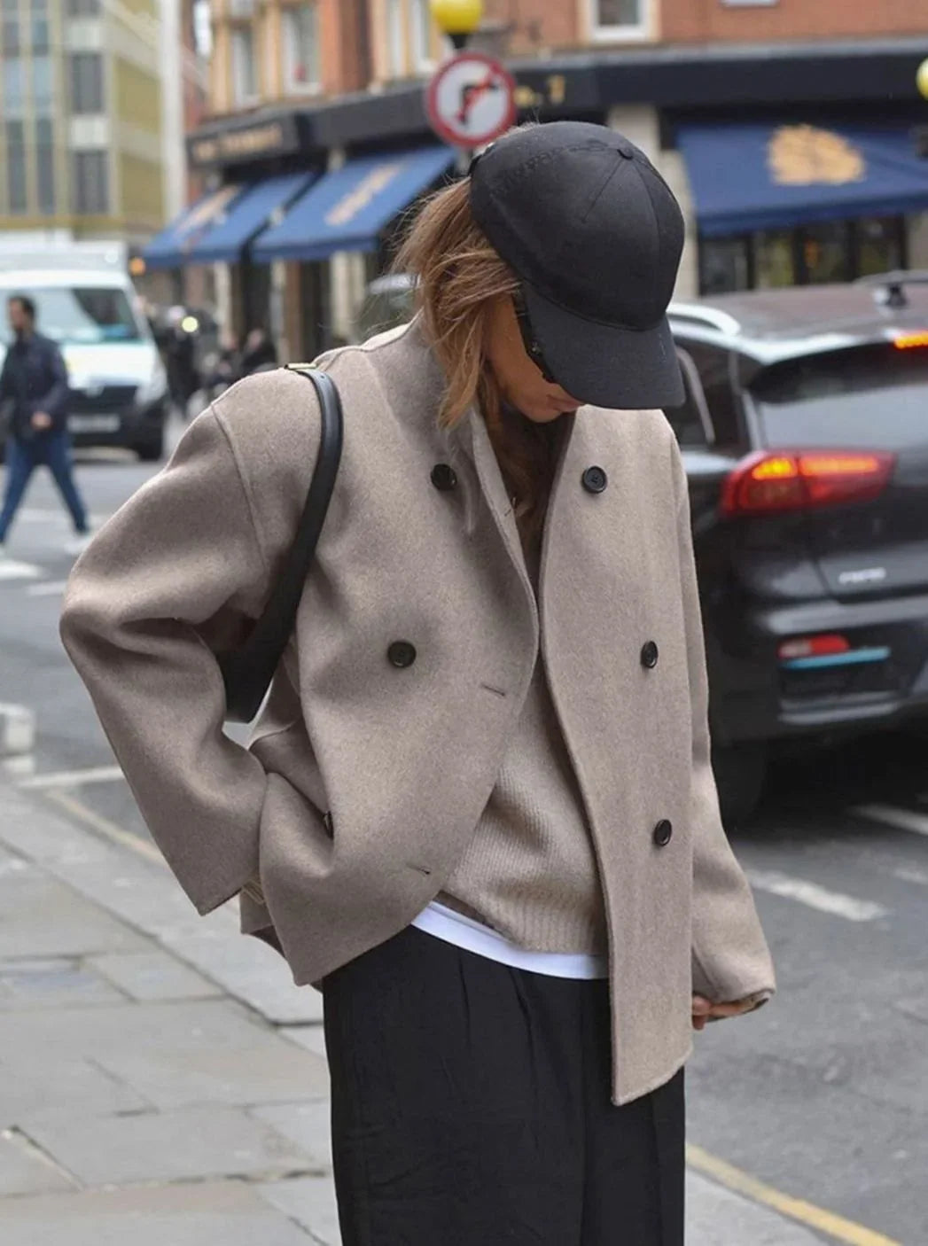 Double Breasted Pea Coat for Women – Stand Collar Loose Fit Winter Coat in Taupe, Gray, Black, Khaki