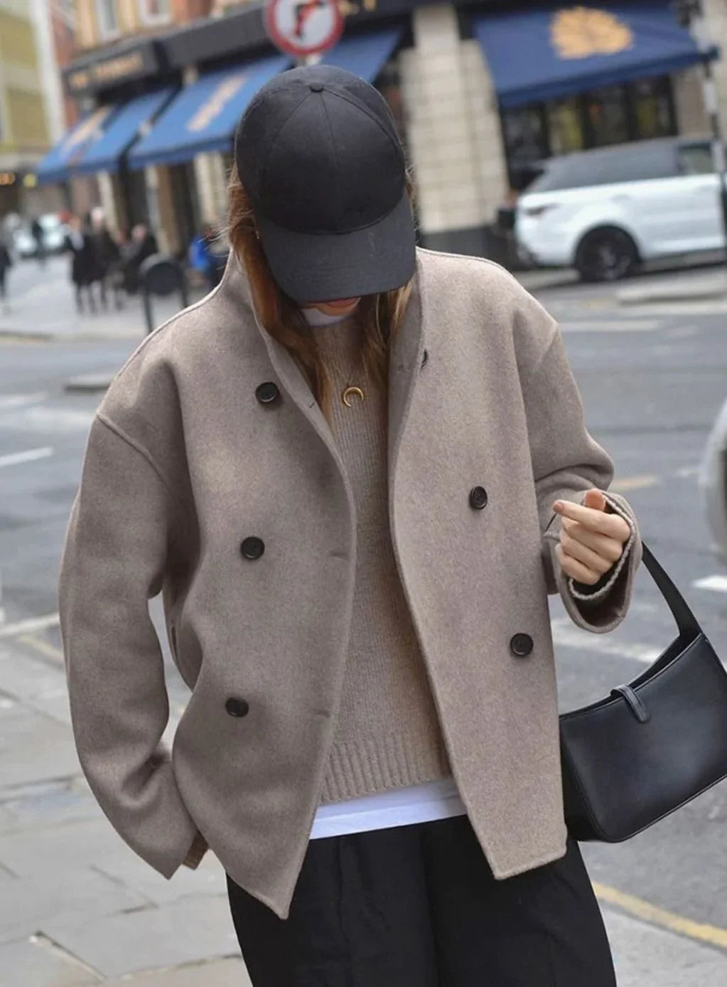 Double Breasted Pea Coat for Women – Stand Collar Loose Fit Winter Coat in Taupe, Gray, Black, Khaki