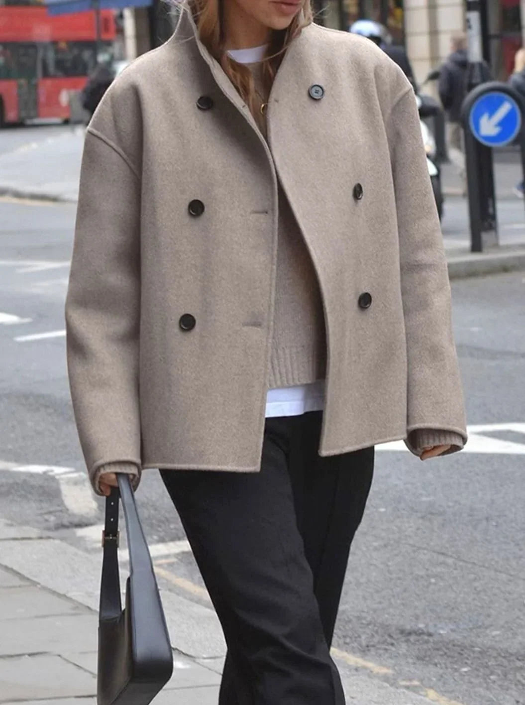 Double Breasted Pea Coat for Women – Stand Collar Loose Fit Winter Coat in Taupe, Gray, Black, Khaki