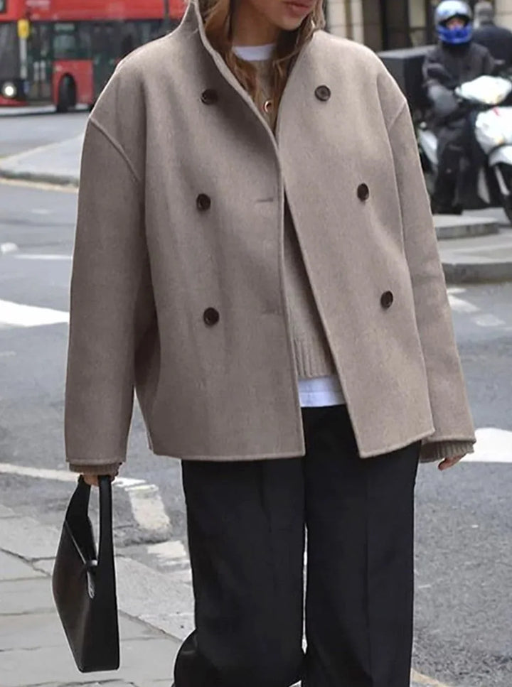 Double Breasted Pea Coat for Women – Stand Collar Loose Fit Winter Coat in Taupe, Gray, Black, Khaki