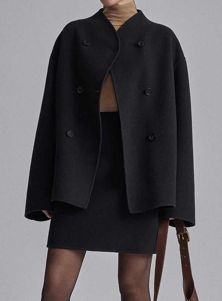Double Breasted Pea Coat for Women – Stand Collar Loose Fit Winter Coat in Taupe, Gray, Black, Khaki