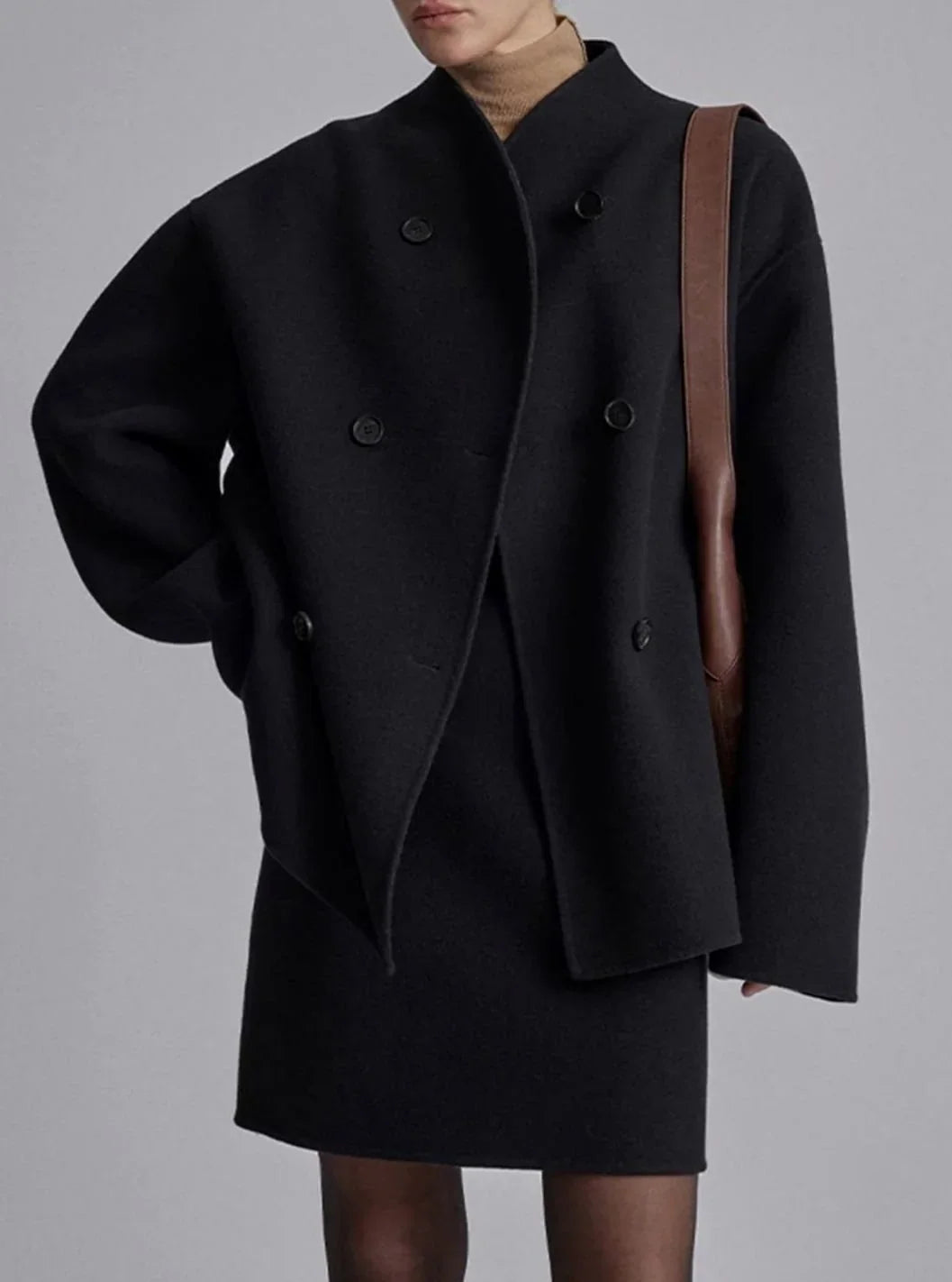 Double Breasted Pea Coat for Women – Stand Collar Loose Fit Winter Coat in Taupe, Gray, Black, Khaki
