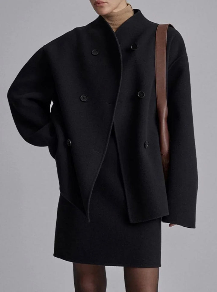 Double Breasted Pea Coat for Women – Stand Collar Loose Fit Winter Coat in Taupe, Gray, Black, Khaki