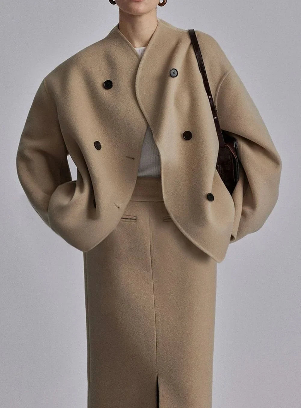Double Breasted Pea Coat for Women – Stand Collar Loose Fit Winter Coat in Taupe, Gray, Black, Khaki