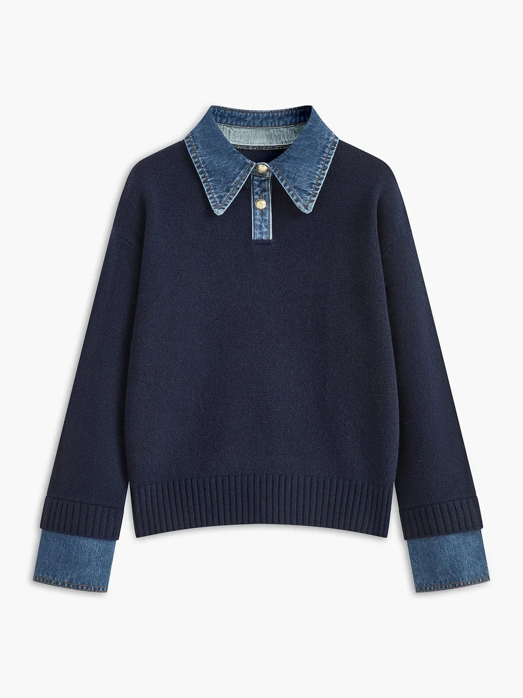 Polo Sweater for Women – Knit Pullover with Contrast Denim Collar and Snap Button Placket, Long Sleeve Fall Sweater