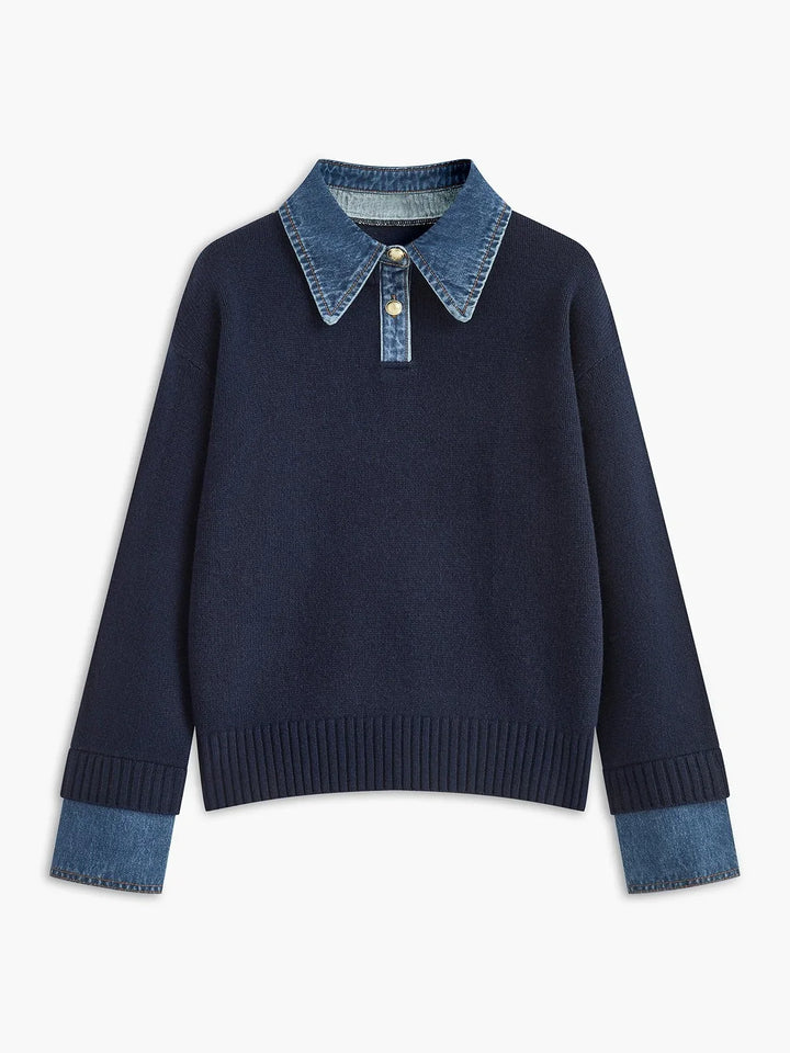 Polo Sweater for Women – Knit Pullover with Contrast Denim Collar and Snap Button Placket, Long Sleeve Fall Sweater