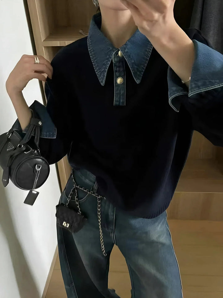 Polo Sweater for Women – Knit Pullover with Contrast Denim Collar and Snap Button Placket, Long Sleeve Fall Sweater