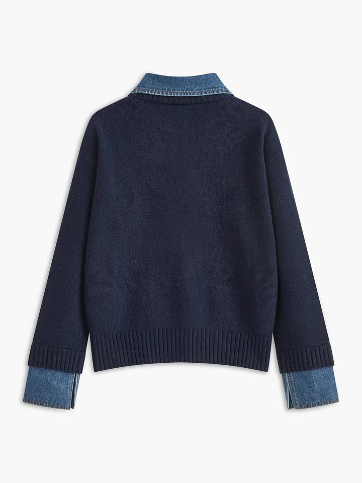 Polo Sweater for Women – Knit Pullover with Contrast Denim Collar and Snap Button Placket, Long Sleeve Fall Sweater