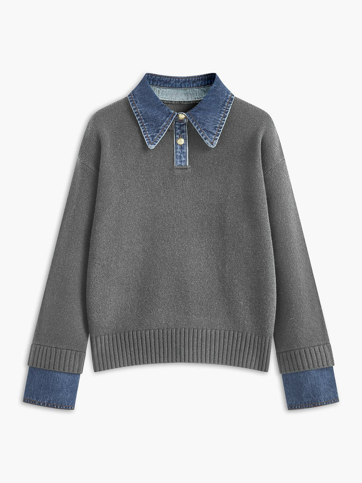 Polo Sweater for Women – Knit Pullover with Contrast Denim Collar and Snap Button Placket, Long Sleeve Fall Sweater