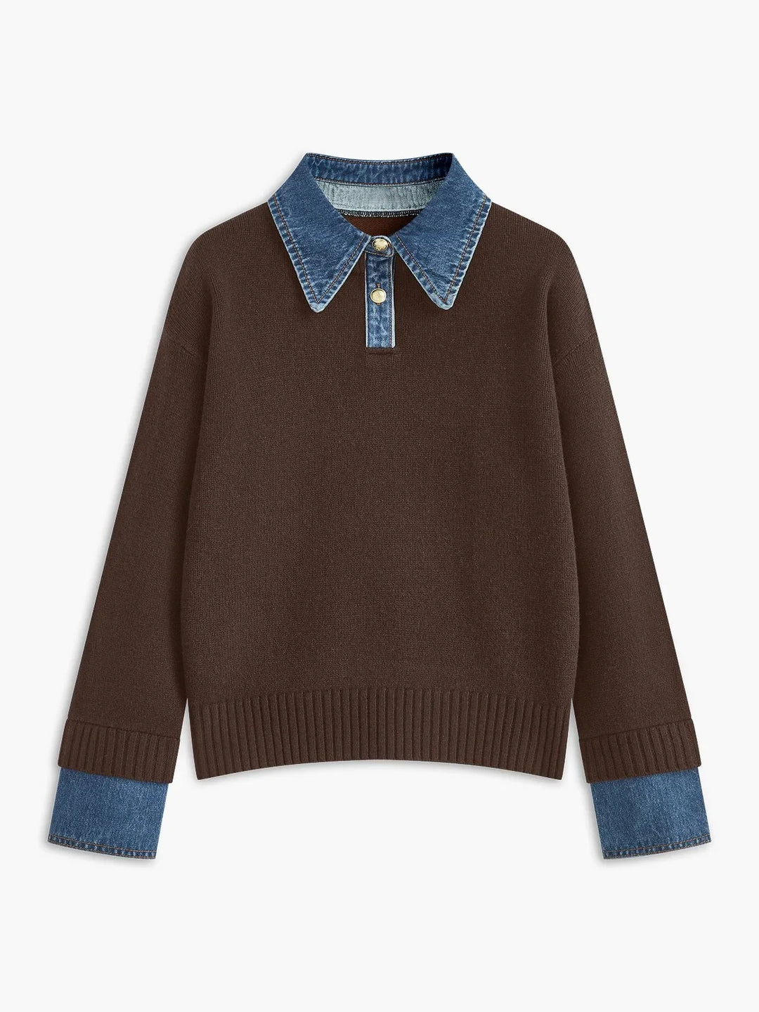Polo Sweater for Women – Knit Pullover with Contrast Denim Collar and Snap Button Placket, Long Sleeve Fall Sweater