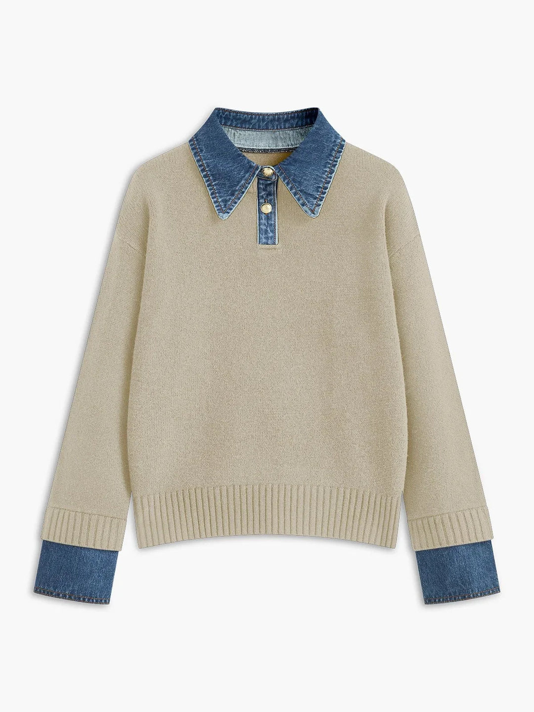 Polo Sweater for Women – Knit Pullover with Contrast Denim Collar and Snap Button Placket, Long Sleeve Fall Sweater