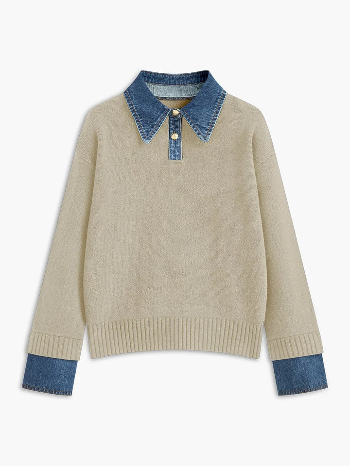 Polo Sweater for Women – Knit Pullover with Contrast Denim Collar and Snap Button Placket, Long Sleeve Fall Sweater