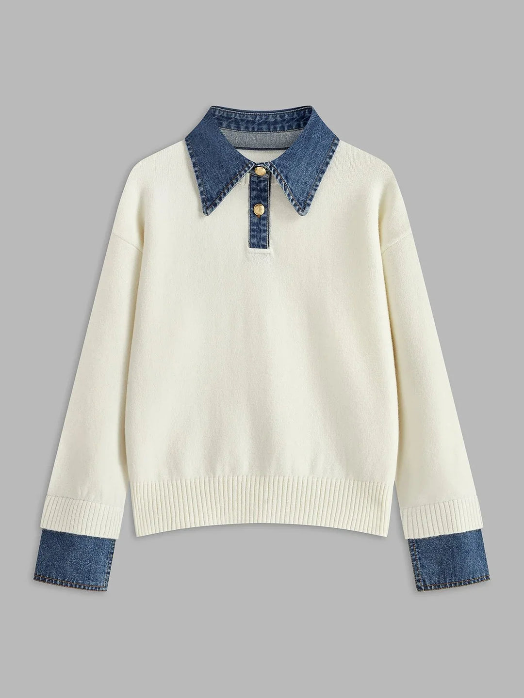 Polo Sweater for Women – Knit Pullover with Contrast Denim Collar and Snap Button Placket, Long Sleeve Fall Sweater