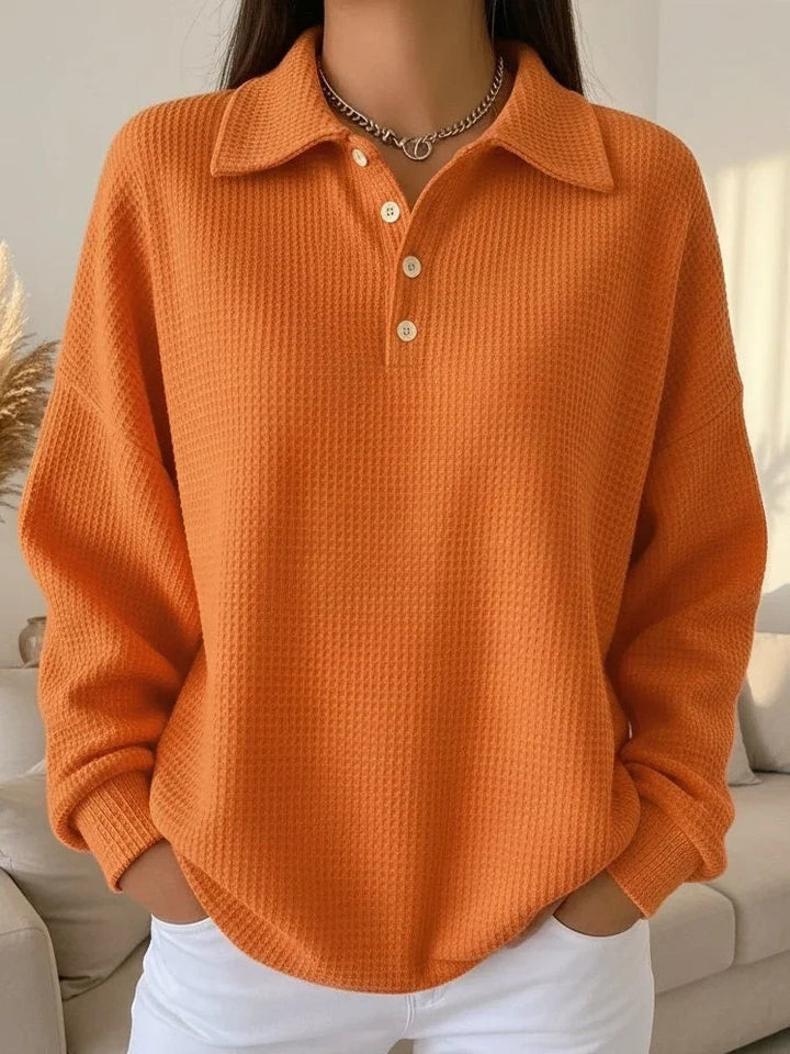Waffle Knit Sweater for Women – Long Sleeve Polo Collar Pullover with Button Front, Casual Fall Knit Top